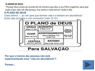 O AMOR DE DEUS
“Porque Deus amou ao mundo de tal maneira que deu o seu Filho unigênito, para que
todo o que nele crê não pereça, mas tenha a vida eterna” (João 3.16).
O PLANO DE DEUS
Cristo afirma: “...eu vim para que tenham vida e a tenham em abundância”
[Uma vida completa e com propósito] (João 10.10).
Por que a maioria das pessoas não está
experimentando essa “vida em abundância”?
Porque...
 