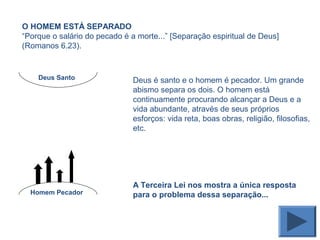 O HOMEM ESTÁ SEPARADO
“Porque o salário do pecado é a morte...” [Separação espiritual de Deus]
(Romanos 6.23).
Deus é santo e o homem é pecador. Um grande
abismo separa os dois. O homem está
continuamente procurando alcançar a Deus e a
vida abundante, através de seus próprios
esforços: vida reta, boas obras, religião, filosofias,
etc.
A Terceira Lei nos mostra a única resposta
para o problema dessa separação...
Deus Santo
Homem Pecador
 