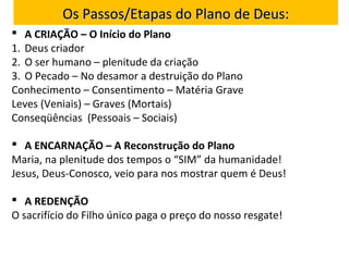 Os Passos/Etapas do Plano de Deus:Os Passos/Etapas do Plano de Deus:
 A CRIAÇÃO – O Início do Plano
1. Deus criador
2. O ser humano – plenitude da criação
3. O Pecado – No desamor a destruição do Plano
Conhecimento – Consentimento – Matéria Grave
Leves (Veniais) – Graves (Mortais)
Conseqüências (Pessoais – Sociais)
 A ENCARNAÇÃO – A Reconstrução do Plano
Maria, na plenitude dos tempos o “SIM” da humanidade!
Jesus, Deus-Conosco, veio para nos mostrar quem é Deus!
 A REDENÇÃO
O sacrifício do Filho único paga o preço do nosso resgate!
 