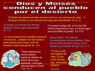 Dios y Moisés conducen al pueblo por el desierto “ El pueblo se enfrentó con Moisés diciendo: Danos agua para beber!”   Ex 17,2 “ Yo estaré contigo allí, en la roca del Horeb.Golpearás la roca, y manará agua para que beba el pueblo”  Ex 17,6 “ La comunidad de los israelitas comenzó a murmurar…ustedes nos han traído a este desierto para hacer morir de hambre a toda esta gente”  Ex. 16,3 Dijo el Señor: “He oído las murmuraciones de los israelitas. Diles: por la tarde comerán carne y por la mañana se hartarán de pan”  Ex.16, 12 “ Todos bebieron la misma bebida espiritual; bebían en efecto de la roca espiritual…roca que representaba a Cristo”  1 cor. 10, 4 “ Yo soy el pan vivo bajado del cielo. El que come de este pan, vivirá para siempre” Jn 6, 53 “ El Señor iba delante de ellos durante el día en una columna de nube… Y durante la noche en una columna de fuego para alumbralos”  Ex 13, 21 
