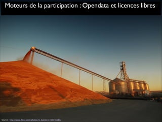 Source : http://www.ﬂickr.com/photos/rs_butner/2727736580/
Moteurs de la participation : Opendata et licences libres
 