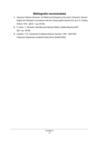Bibliografia recomendada
1. Gesenius' Hebrew Grammar, As Edited and Enlarged by the Late E. Kautzsch, Second
English Ed. Revised in accordance with the Twenty-eighth German Ed. by A. E. Cowley,
Oxford, 1910. (§5-6 = pp. 24-35)
2. P. Joüon - T. Muraoka, Gramática del Hebraico Bíblico, Estella (Navarra) 2007
(§5 = pp. 18-34)
3. Lambdin, T.O., Introduction to Biblical Hebrew, Norwich, 1976. (XIII-XVI)
Traducción Espanhola na editorial Verbo Divino (Estella 2000).
Unidade 2
41
 