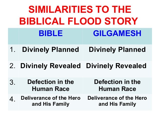 a comparison of the flood stories in the epic of gilgamesh and the bible Comparison of gilgamesh flood with noah flood and the flood from the epic of gilgamesh these two stories share many similarities there are several other instances in the bible that depict man worshiping an angel and the angel rebuking him for it. a comparison of the flood stories in the epic of gilgamesh and the bible Comparison of gilgamesh flood with noah flood and the flood from the epic of gilgamesh these two stories share many similarities there are several other instances in the bible that depict man worshiping an angel and the angel rebuking him for it.