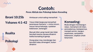 Yesus tidak langsung menasihati
perempuan Samaria -> minta minum,
nanya-nanya keluarga, nyatakan
kebenaran, tantangan
Orang akan mau mendengar dan
berubah kalau dimengerti, bukan
dihakimi
Contoh:
Peran Alkitab dan Psikologi dalam Konseling
Himbauan untuk saling menasihati
Ibrani 10:25b
Yohanes 4:1-42
Psikologi
Konseling:
Mulai dengan membangun
relasi, memahami diri klien,
persoalannya, kesiapannya,
menjadi cermin, bangun
awareness, sampaikan
kebenaran, siapkan untuk
berproses
Banyak klien yang marah dan tidak
berubah karena merasa dihakimi
ketika konseling di gereja
Realita
 
