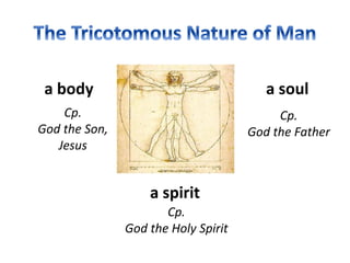 a body a soul
a spirit
Cp.
God the Son,
Jesus
Cp.
God the Father
Cp.
God the Holy Spirit
 