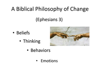 A Biblical Philosophy of Change
• Thinking
(Ephesians 3)
• Behaviors
• Emotions
• Beliefs
 