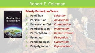 Robert E. Coleman
Prinsip Pemuridan Yesus:
1. Pemilihan Selection
2. Persekutuan Association
3. Penyerahan Diri Consecration
4. Pemberdayaan Impartation
5. Percontohan Demonstration
6. Penugasan Delegation
7. Pendampingan Supervision
8. Pelipatgandaan Reproduction!
 