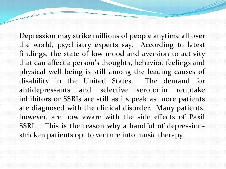 music therapy and depression Music therapy appeared to help ease anxiety and improve functioning in depressed individuals, and it may be just as safe as traditional treatments. music therapy and depression Music therapy appeared to help ease anxiety and improve functioning in depressed individuals, and it may be just as safe as traditional treatments.