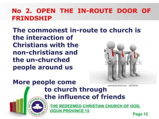 Free Powerpoint Templates
Page 12
THE REDEEMED CHRISTIAN CHURCH OF GOD,
OGUN PROVINCE 15
No 2. OPEN THE IN-ROUTE DOOR OF
FRINDSHIP
The commonest in-route to church is
the interaction of
Christians with the
non-christians and
the un-churched
people around us
More people come
to church through
the influence of friends
 