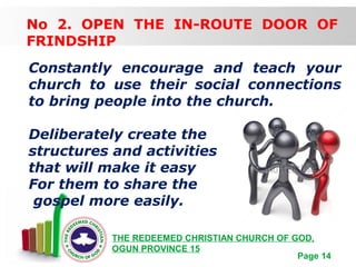 Free Powerpoint Templates
Page 14
THE REDEEMED CHRISTIAN CHURCH OF GOD,
OGUN PROVINCE 15
No 2. OPEN THE IN-ROUTE DOOR OF
FRINDSHIP
Constantly encourage and teach your
church to use their social connections
to bring people into the church.
Deliberately create the
structures and activities
that will make it easy
For them to share the
gospel more easily.
 