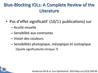 Blue-Blocking IOLs: A Complete Review of the Literature Pas d’effet significatif  (10/11 publications) sur Acuité visuelle Sensibilité aux contrastes Vision des couleurs Sensibilités photopique, mésopique et scotopique (Quelle significativité clinique ?) Henderson BA & al. Surv Ophthalmol. 2010 May-Jun;55(3):290-96 