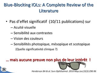 Blue-Blocking IOLs: A Complete Review of the Literature Pas d’effet significatif  (10/11 publications) sur Acuité visuelle Sensibilité aux contrastes Vision des couleurs Sensibilités photopique, mésopique et scotopique (Quelle significativité clinique ?) …  mais aucune preuve non plus de leur intérêt  ! Henderson BA & al. Surv Ophthalmol. 2010 May-Jun;55(3):290-96 