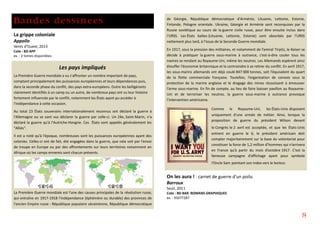 Bandes dessinées
La grippe coloniale
Appollo
Vents d'Ouest, 2013
Cote : BD APP
ex. : 2 tomes disponibles
Les pays impliqués
La Première Guerre mondiale a vu s'affronter un nombre important de pays,
comptant principalement des puissances européennes et leurs dépendances puis,
dans la seconde phase du conflit, des pays extra-européens. Outre les belligérants
clairement identifiés à un camp ou un autre, de nombreux pays ont vu leur histoire
fortement influencée par le conflit, notamment les États ayant pu accéder à
l'indépendance à cette occasion.
Au total 23 États souverains internationalement reconnus ont déclaré la guerre à
l'Allemagne ou se sont vus déclarer la guerre par celle-ci. Un 24e, Saint-Marin, n'a
déclaré la guerre qu'à l'Autriche-Hongrie. Ces États sont appelés généralement les
"Alliés".
Il est a noté qu’à l’époque, nombreuses sont les puissances européennes ayant des
colonies. Celles-ci ont de fait, été engagées dans la guerre, que cela soit par l’envoi
de troupe en Europe ou par des affrontements sur leurs territoires notamment en
Afrique où les camps ennemis sont chacun présents.
La Première Guerre mondiale est l'une des causes principales de la révolution russe,
qui entraîne en 1917-1918 l'indépendance (éphémère ou durable) des provinces de
l'ancien Empire russe : République populaire ukrainienne, République démocratique
de Géorgie, République démocratique d'Arménie, Lituanie, Lettonie, Estonie,
Finlande, Pologne orientale. Ukraine, Géorgie et Arménie sont reconquises par la
Russie soviétique au cours de la guerre civile russe, pour être ensuite inclus dans
l'URSS. Les États baltes (Lituanie, Lettonie, Estonie) sont absorbés par l'URSS
nettement plus tard, à l'issue de la Seconde Guerre mondiale.
En 1917, sous la pression des militaires, et notamment de l’amiral Tirpitz, le Kaiser se
décide à pratiquer la guerre sous-marine à outrance, c’est-à-dire couler tous les
navires se rendant au Royaume-Uni, même les neutres. Les Allemands espèrent ainsi
étouffer l’économie britannique et la contraindre à se retirer du conflit. En avril 1917,
les sous-marins allemands ont déjà coulé 847 000 tonnes, soit l’équivalent du quart
de la flotte commerciale française. Toutefois, l’organisation de convois sous la
protection de la marine anglaise et le dragage des mines réussissent à émousser
l’arme sous-marine. En fin de compte, au lieu de faire baisser pavillon au Royaume-
Uni et de terroriser les neutres, la guerre sous-marine à outrance provoque
l’intervention américaine.
Comme le Royaume-Uni, les États-Unis disposent
uniquement d’une armée de métier. Ainsi, lorsque la
proposition de guerre du président Wilson devant
le Congrès le 2 avril est acceptée, et que les États-Unis
entrent en guerre le 6, le président américain doit
compter majoritairement sur la base du volontariat pour
constituer la force de 1,2 million d’hommes qui n’arrivera
en France qu’à partir du mois d’octobre 1917. C’est la
fameuse campagne d’affichage ayant pour symbole
l’Oncle Sam pointant son index vers le lecteur.
On les aura ! : carnet de guerre d'un poilu
Barroux
Seuil, 2011
Cote : BD BAR ROMANS GRAPHIQUES
ex. : 95077287
8
 