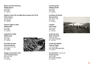 Retour parmi les hommes
Philippe Besson
Julliard, 2011
Cote : R BES
ex. : 95067423
Céléstin Louise, flic et soldat dans la guerre de 14-18
Thierry Bourcy
Gallimard, 2014
Cote : RP BOU
ex. : 95077819
Comme neige au soleil
William Boyd
Seuil, 2003
Cote : R BOY
ex. : 95046707
L'attente de l'aube
William Boyd
Seuil, 2012
Cote : R BOY
ex. : 95067857
Une lettre de vous
Jessica Brockmole
Presses de la Cité, 2014
Cote : R BRO
ex. : 95068743
Voyage au bout de la nuit
Louis-Ferdinand Céline
Gallimard, 1996
Cote : R CEL
ex. : 95021332
Les âmes grises
Philippe Claudel
Stock, 2003
Cote : R CLA
ex. : 95038502
Les Roses de Verdun
Bernard Clavel
Albin Michel, 1994
Cote : R CLA
ex. : 95005676
L'espion
Clive Cussler
Grasset, 2013
Cote : R CUS
ex. : 95073610
Le Der des ders
Didier Daeninckx
Gallimard, 1996
Cote : R DAE EN RESERVE
ex. : 95021403
Le bois des abeilles
Hortense Dufour
A vue d'oeil, 2006
Cote : R DUF GROS CARACTERES
ex. : 95052715
Le monument : roman vrai
Claude Duneton
Balland, 2004
Cote : R DUN EN RESERVE
ex. : 95041015
12
 