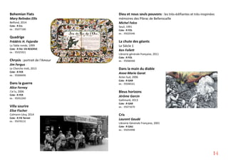 Bohemian Flats
Mary Relindes Ellis
Belfond, 2014
Cote : R ELL
ex. : 95077180
Quadrige
Frédéric H. Fajardie
La Table ronde, 1999
Cote : R FAJ EN RESERVE
ex. : 95025921
Chrysis : portrait de l'Amour
Jim Fergus
Le Cherche midi, 2013
Cote : R FER
ex. : 95068496
Dans la guerre
Alice Ferney
J'ai lu, 2006
Cote : R FER
ex. : 95052260
Villa sourire
Elise Fischer
Calmann-Lévy, 2014
Cote : R FIS Terroir
ex. : 95078131
Dieu et nous seuls pouvons : les très-édifiantes et très-inopinées
mémoires des Pibrac de Bellerocaille
Michel Folco
Seuil, 1991
Cote : R FOL
ex. : 95029346
La chute des géants
Le Siècle 1
Ken Follett
Librairie générale française, 2011
Cote : R FOL
ex. : 95068368
Dans la main du diable
Anne-Marie Garat
Actes Sud, 2006
Cote : R GAR
ex. : 95048161
Bleus horizons
Jérôme Garcin
Gallimard, 2013
Cote : R GAR
ex. : 95073670
Cris
Laurent Gaudé
Librairie Générale Française, 2001
Cote : R GAU
ex. : 95054998
14
 