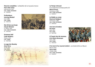 Oeuvres complètes : Le Bataillon de la mauvaise chance
Pierre Mac Orlan
Edito-Service, 1927
Cote : R MAC EN RESERVE
ex. : 95003697
Profondeurs
Henning Mankell
Seuil, 2008
Cote : R MAN
ex. : 95057232
Des Grives aux loups
Claude Michelet
R. Laffont, 1979
Cote : R MIC EN RESERVE
ex. : 95015655
Graveney Hall
Linda Newbery
Phébus, 2013
Cote : R NEW
ex. : 95073663
La saga des Reavley
Anne Perry
10-18, 2014
Cote : R PER
ex. : 95078219
Le Temps retrouvé
A la recherche du temps perdu 10
Marcel Proust
Flammarion, 1986
Cote : R PRO EN RESERVE
ex. : 95005917
Le Diable au corps
Raymond Radiguet
Flammarion, 1986
Cote : R RAD EN RESERVE
ex. : 95043529
Une terre d'ombre
Ron Rash
Seuil, 2014
Cote : R RAS
ex. : 95077283
A l'ouest rien de nouveau
Erich Maria Remarque
Stock, 1999
Cote : R REM
ex. : 95031962
A la merci d'un courant violent : une étoile brille sur Mount
Morris Park
Henry Roth
L'Olivier, 1994
Cote : R ROT EN RESERVE
ex. : 95004907
16
 