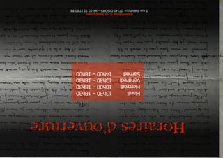 Horairesd’ouverture
BibliothèqueG.deMaupassant
5rueBaléchoux27140GISORS–tél.0232276089
Mardi13h30–18h30
Mercredi10h00–18h30
Vendredi13h30–18h30
Samedi14h00–18h00
 