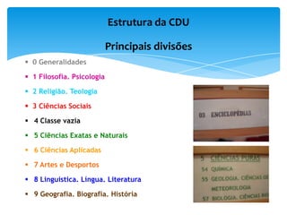 Estrutura da CDU

                            Principais divisões
 0 Generalidades

 1 Filosofia. Psicologia

 2 Religião. Teologia

 3 Ciências Sociais

 4 Classe vazia

 5 Ciências Exatas e Naturais

 6 Ciências Aplicadas

 7 Artes e Desportos

 8 Linguística. Língua. Literatura

 9 Geografia. Biografia. História
 