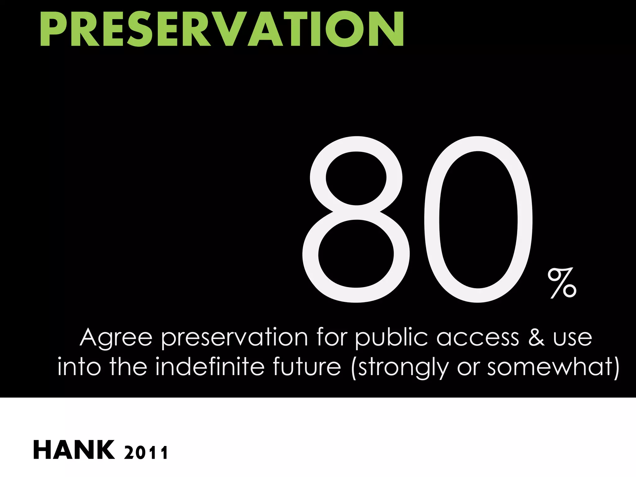 PRESERVATION



                                           %
   Agree preservation for public access & use
 into the indefinite future (strongly or somewhat)


HANK 2011
 