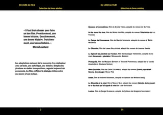 2 
DU LIVRE AU FILM 
Sélection de livres adultes 
« Il faut trois choses pour faire 
un bon film. Premièrement, une 
bonne histoire. Deuxièmement, 
une bonne histoire. Troisième-ment, 
une bonne histoire. » 
Michel Audiard 
Les adaptations naissent de la rencontre d’un réalisateur 
avec un texte, une esthétique, une histoire. Simples ins-pirations 
ou réelles transpositions, regards toujours très 
personnels, les films reflètent le dialogue intime entre 
une oeuvre et son lecteur. 
15 
DU LIVRE AU FILM 
Sélection de livres adultes 
Épouses ÉÉÉpppooouuussseeesss eeeetttt ccccoooonnnnccccuuuubbbbiiiinnnneeeessss, film de ZHANG YIMOU, adapté du roman de SU TONG 
IIIInnnn tttthhhheeee mmmmoooooooodddd ffffoooorrrr lllloooovvvveeee, film de WONG KAR-WAI, adapté du roman TTTTêêêêtttteeee-bbbbêêêêcccchhhheeee de LIU 
YICHANG 
LLLLeeee TTTTeeeemmmmppppssss ddddeeee llll’’’’iiiinnnnnnnnoooocccceeeennnncccceeee, film de Martin SCORSESE, adapté du roman d’ Édith 
WHARTON 
LLLLeeee CCCChhhhooooccccoooollllaaaatttt, film de Lasse HALLSTRÖM, adapté du roman de Joanne HARRIS 
LLLLaaaa llllééééggggeeeennnnddddeeee dddduuuu ppppiiiiaaaannnniiiisssstttteeee ssssuuuurrrr llll’’’’ooooccccééééaaaannnn, film de Giuseppe TORNATORE, adapté du ro-man 
NNNNoooovvvveeeennnncccceeeettttoooo :::: ppppiiiiaaaannnniiiisssstttteeee d’Alessandro BARRICO 
PPPPeeeerrrrsssseeeeppppoooolllliiiissss, film de Marjane SATRAPI et Vincent PARONNAUD, adapté de la bande 
dessinée de Marjane SATRAPI 
MMMMmmmmeeee DDDDoooouuuubbbbffffiiiirrrreeee, film de Chris COLOMBUS, adapté du roman QQQQuuuuaaaannnndddd ppppaaaappppaaaa ééééttttaaaaiiiitttt 
ffffeeeemmmmmmmmeeee ddddeeee mmmméééénnnnaaaaggggeeee d’Anne FINE 
SSSShhhhrrrreeeekkkk, film d’Andrew Adamson, adapté de l’album de William Steig 
LLLLaaaa MMMMoooouuuueeeetttttttteeee eeeetttt lllleeee cccchhhhaaaatttt, film d’Enzo D’ALO, adapté du roman HHHHiiiissssttttooooiiiirrrreeee ddddeeee llllaaaa mmmmoooouuuueeeetttt---- 
tttteeee eeeetttt dddduuuu cccchhhhaaaatttt qqqquuuuiiii lllluuuuiiii aaaapppppppprrrriiiissss àààà vvvvoooolllleeeerrrr de Luis SEPULDEVA 
LLLLoooouuuulllloooouuuu, film de Serge ELISSALDE, adapté de l’album de Grégoire SOLOTAREFF 
 