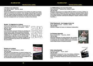 10 
DU LIVRE AU FILM 
Sélection de livres adultes 
L'écriture LLL'''ééécccrrriiitttuuurrreee ddddeeee ssssccccéééénnnnaaaarrrriiiioooossss 
Jean-Mar ie Roth. - Chi ron, 2006 
777799991111....44443333 RRRROOOOTTTT 
Permet de comprendre les mécanismes et de maîtriser les outils de la drama-turgie 
et de l'écriture d'un scénario : court métrage, long métrage, film publici-taire, 
etc. Chaque étape est présentée de manière concrète, avec l'analyse et 
le commentaire d'extraits de scénarios, des tests et des exercices corrigés. 
Avec des renseignements sur les bourses, les aides et des adresses. 
SSSSttttuuuuddddiiiioooo :::: llllaaaa llllééééggggeeeennnnddddeeee dddduuuu cccciiiinnnnéééémmmmaaaa 
album photographique ini t ié, séléct ionné et 
légendé par Jean-Pier re Lavoignat . - Albin 
Michel , 2007 
777799991111....44443333 SSSSTTTTUUUU 
Livre anniversaire retraçant l'histoire du périodique de 
cinéma créé en 1987 avec une partie de l'ancienne 
équipe rédactionnelle de Première. Décrit l'aventure 
engagée par J.-P. Lavoignat et J.-M. Esposito et qui se 
poursuit depuis vingt ans, à travers une anthologie 
photographique extraite de la banque d'images du ma-gazine 
et présentant des acteurs, des réalisateurs et 
des scénaristes. 
PPPPllllaaaaiiiissssiiiirrrrssss dddduuuu cccciiiinnnnéééémmmmaaaa 
Serge Sur . - France-Empi re, 2010 
777799991111....44443333 SSSSUUUURRRR 
Art populaire et de distraction, le cinéma constitue une 
grille pour comprendre la perception qu'une société a d'el-le- 
même et de son environnement. A partir d'un certain 
nombre de films, cet essai confronte leur imaginaire avec 
les évènements auxquels ils renvoient. 
7 
DU LIVRE AU FILM 
Sélection de livres adultes 
LLLLaaaa DDDDVVVVDDDDééééooootttthhhhèèèèqqqquuuueeee ddddeeee JJJJeeeeaaaannnn DDDDoooouuuucccchhhheeeetttt 
Jean Douchet . - Cahiers du cinéma, 2006 
777799991111....44443333 PPPPOOOOUUUU 
Recueil de chroniques de la rubrique DVD des Cahiers du cinéma, publiées en-tre 
2000 et 2006. Critiques de films de réalisateurs classiques (Capra, Dreyer, 
Ford, Lang ou Renoir), de la Nouvelle vague (Chabrol, Demy, Godard, Truffaut) 
et de grands cinéastes contemporains (Bergman, Coppola, Eastwood, Kitano, 
Tarentino...). 
CCCClllliiiinnnntttt EEEEaaaassssttttwwwwoooooooodddd :::: lllleeeessss iiiimmmmaaaaggggeeeessss dddd''''uuuunnnneeee vvvviiiieeee 
Peter Bogdanovi tch. - Ver lhac, 2008 
777799991111....44443333 EEEEAAAASSSS 
Portrait en images de l'acteur et réalisateur hollywoodien. 
LLLLeeee CCCCiiiinnnnéééémmmmaaaa jjjjaaaappppoooonnnnaaaaiiiissss 
Stuar t Galbrai th. - Taschen, 2009 
777799991111....44443333 GGGGAAAALLLL 
Panorama historique du cinéma japonais, des comédies 
musicales aux films de Kenji Mizoguchi ou Yasujiro Ozu 
en passant par des cinéastes moins connus en occident 
comme Mikio Naruse et Keisuke Kinoshita. 
CCCCiiiinnnnéééé mmmmiiiisssscccceeeellllllllaaaannnnééééeeeessss 
François Guér i f . - Payot , 2007 
777799991111....44443333 GGGGUUUUEEEE 
Promenade au royaume du 7e art : des citations, définitions, 
déclarations, anecdotes, souvenirs de spectateurs, inter-views... 
qui illustrent l'histoire du cinéma sous toutes ses cou-tures. 
 
