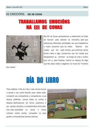 Páxina 9Número 3 . Curso 2018 -2019
AS EMOCIÓNS. EEI DE COVAS
Na EEI de Covas aproveitamos a celebración da festa
do Samaín para abordar as emocións, polo que
realizamos diferentes actividades nas que traballamos
o medo: puxemos cara de medo, falamos dos
medos que ten cada neno/a, que sentimos cando
temos medo a algo, concluímos que hai medos que
desaparecen ou cambian ao longo da vida e outros
que non e, para finalizar, fixeron un debuxo de algo
que lles daba medo e pegárono no mural do “monstro
dos medos.”
Para celebrar o Día do Libro, cada neno/a trouxo
á escola o seu conto favorito para, deste xeito,
compartir cos compañeiros e compañeiras a súa
lectura preferida. Lemos todos os contos e
despois desfrutáronos de forma autónoma e
por grupos véndoos e compartíndoos entre eles.
Con esta actividade os nenos e nenas
coñecen outros contos, comparten os seus
gustos e enriquécense doutras lecturas.
 
