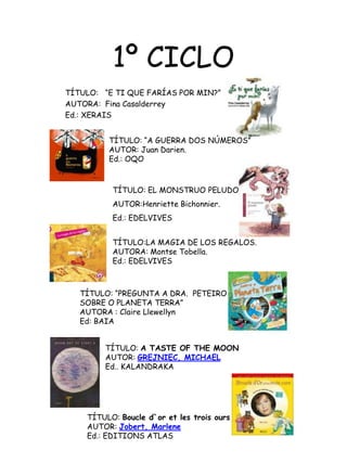 1º CICLOTÍTULO:   “E TI QUE FARÍAS POR MIN?”                                      AUTORA:  Fina CasalderreyEd.: XERAISTÍTULO: “A GUERRA DOS NÚMEROS”AUTOR: Juan Darien.Ed.: OQOTÍTULO: EL MONSTRUOPELUDO.AUTOR:HenrietteBichonnier.Ed.: EDELVIVESTÍTULO:LA MAGIA DE LOSREGALOS.AUTORA: Montse Tobella.Ed.: EDELVIVESTÍTULO: “PREGUNTA A DRA. PETEIRO SOBRE O PLANETA TERRA”AUTORA : Claire LlewellynEd: BAIATÍTULO: A TASTE OF THE MOONAUTOR: GREJNIEC, MICHAELEd.. KALANDRAKATÍTULO: Boucle d`or et les troisoursAUTOR: Jobert, MarleneEd.: EDITIONS ATLAS