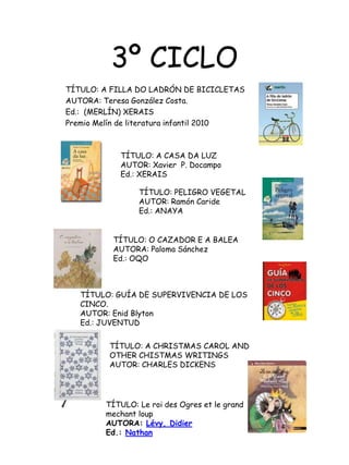 3º CICLOTÍTULO: A FILLA DO LADRÓN DE BICICLETASAUTORA: Teresa González Costa.Ed.:  (MERLÍN) XERAISPremio Melín de literatura infantil 2010TÍTULO: A CASA DA LUZAUTOR: Xavier  P. DocampoEd.: XERAISTÍTULO: PELIGRO VEGETALAUTOR: Ramón CarideEd.: ANAYATÍTULO: O CAZADOR E A BALEA                        AUTORA: Paloma SánchezEd.: OQOTÍTULO: GUÍA DE SUPERVIVENCIADE LOS CINCO.AUTOR: Enid BlytonEd.: JUVENTUDTÍTULO: A CHRISTMAS CAROL AND  OTHER CHISTMAS WRITINGSAUTOR: CHARLES DICKENSTÍTULO: Le roi des Ogres et le grandmechantloupAUTORA: Lévy, DidierEd.: Nathan