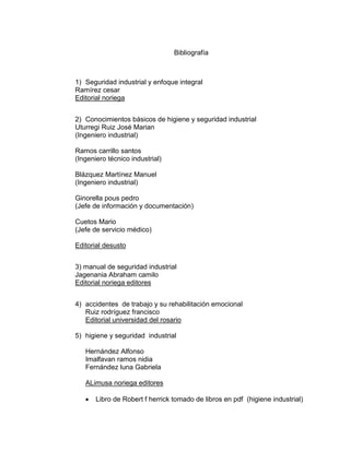 Bibliografía
1) Seguridad industrial y enfoque integral
Ramírez cesar
Editorial noriega
2) Conocimientos básicos de higiene y seguridad industrial
Uturregi Ruiz José Marian
(Ingeniero industrial)
Ramos carrillo santos
(Ingeniero técnico industrial)
Blázquez Martínez Manuel
(Ingeniero industrial)
Ginorella pous pedro
(Jefe de información y documentación)
Cuetos Mario
(Jefe de servicio médico)
Editorial desusto
3) manual de seguridad industrial
Jagenania Abraham camilo
Editorial noriega editores
4) accidentes de trabajo y su rehabilitación emocional
Ruiz rodríguez francisco
Editorial universidad del rosario
5) higiene y seguridad industrial
Hernández Alfonso
Imalfavan ramos nidia
Fernández luna Gabriela
ALimusa noriega editores
 Libro de Robert f herrick tomado de libros en pdf (higiene industrial)
 