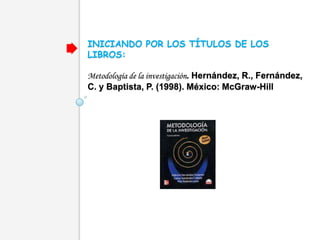 INICIANDO POR LOS TÍTULOS DE LOS
LIBROS:

Metodología de la investigación. Hernández, R., Fernández,
C. y Baptista, P. (1998). México: McGraw-Hill
 