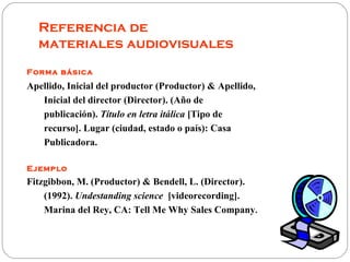 Referencia de
  materiales audiovisuales
Forma básica
Apellido, Inicial del productor (Productor) & Apellido,
   Inicial d...