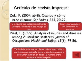 Artículo de revista impresa: Zola, P. (2004, abril). Cuándo y cómo  nace el amor.  Ser Padres, 353,  20-22. Patel, T. (1999). Analysis of injuries and diseases among Australians seafarers.  Journal of Occupational Health and Safety, 15 (6), 79-86. Si la revista se publica mensualmente, primero se escribe el año y luego el mes. Título de la revista se escribe en itálicas, cada palabra comienza con mayúscula, luego se escribe una coma y el volumen también en itálica.  El número entre paréntesis en letra regular. Para indicar las páginas, sólo se escriben los números 