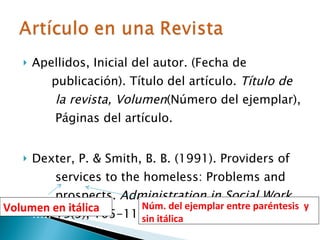 <ul><li>Apellidos, Inicial del autor. (Fecha de  ….. publicación). Título del artículo.  Título de  …..  la revista, Volum...