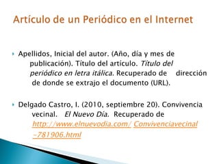 <ul><li>Apellidos, Inicial del autor. (Año, día y mes de  ….. publicación). Título del artículo.  Título del  ….. periódic...