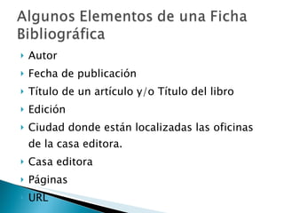 <ul><li>Autor </li></ul><ul><li>Fecha de publicación </li></ul><ul><li>Título de un artículo y/o Título del libro </li></u...