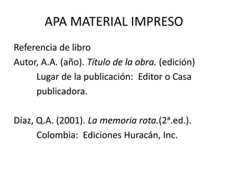 APA MATERIAL IMPRESO
Referencia de libro
Autor, A.A. (año). Título de la obra. (edición)
Lugar de la publicación: Editor o Casa
publicadora.
Díaz, Q.A. (2001). La memoria rota.(2ᵃ.ed.).
Colombia: Ediciones Huracán, Inc.
 
