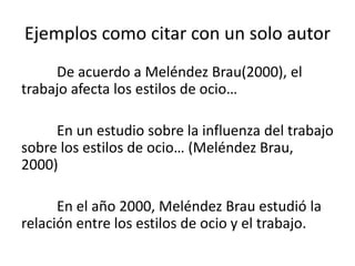 Ejemplos como citar con un solo autor
De acuerdo a Meléndez Brau(2000), el
trabajo afecta los estilos de ocio…
En un estudio sobre la influenza del trabajo
sobre los estilos de ocio… (Meléndez Brau,
2000)
En el año 2000, Meléndez Brau estudió la
relación entre los estilos de ocio y el trabajo.
 