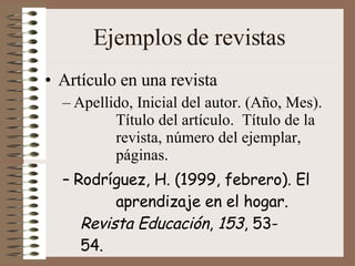 Ejemplos de revistas Artículo en una revista Apellido, Inicial del autor. (Año, Mes).  Título del artículo.  Título de la  revista, número del ejemplar,  páginas. Rodríguez, H. (1999, febrero).  El  aprendizaje en el hogar.  Revista Educación ,  153 , 53- 54.  