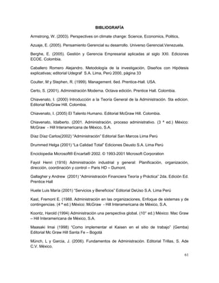 BIBLIOGRAFÍA
Armstrong, W. (2003). Perspectives on climate change: Science, Economics, Politics,
Azuaje, E. (2005). Pensamiento Gerencial su desarrollo. Universo Gerencial.Venezuela.
Berghe, E. (2005). Gestión y Gerencia Empresarial aplicadas al siglo XXI. Ediciones
ECOE. Colombia.
Caballero Romero Alejandro. Metodología de la investigación, Diseños con Hipótesis
explicativas; editorial Udegraf S.A. Lima, Perú 2000, página 33
Coulter, M y Stephen, R. (1999). Management. 6ed. Prentice-Hall. USA.
Certo, S. (2001). Administración Moderna. Octava edición. Prentice Hall. Colombia.
Chiavenato, I. (2000) Introducción a la Teoría General de la Administración. 5ta edicion.
Editorial McGraw Hill. Colombia.
Chiavenato, I. (2005) El Talento Humano. Editorial McGraw Hill. Colombia.
Chiavenato, Idalberto. (2001. Administración, proceso administrativo. (3 ª ed.) México:
McGraw - Hill Interamericana de México, S.A.
Díaz Díaz Carlos(2002) “Administración” Editorial San Marcos Lima Perú
Drummed Helga (2001) “La Calidad Total” Ediciones Deusto S.A. Lima Perú
Enciclopedia Microsoft® Encarta® 2002. © 1993-2001 Microsoft Corporation
Fayol Henri (1916) Administración industrial y general: Planificación, organización,
dirección, coordinación y control – Paris HD – Dumont.
Gallagher y Andrew (2001) “Administración Financiera Teoría y Práctica” 2da. Edición Ed.
Prentice Hall
Huete Luis María (2001) “Servicios y Beneficios” Editorial DeUso S.A. Lima Perú
Kast, Fremont E. (1988. Administración en las organizaciones, Enfoque de sistemas y de
contingencias. (4 ª ed.) México: McGraw - Hill Interamericana de México, S.A.
Koontz, Harold (1994) Administración una perspectiva global. (10° ed.) México: Mac Graw
– Hill Interamericana de México, S.A.
Maasaki Imai (1998) “Como implementar el Kaisen en el sitio de trabajo” (Gemba)
Editorial Mc Graw Hill Santa Fe – Bogotá
Münch, L y Garcia, J. (2006). Fundamentos de Administración. Editorial Trillas, S. Ade
C.V. México.
61

 