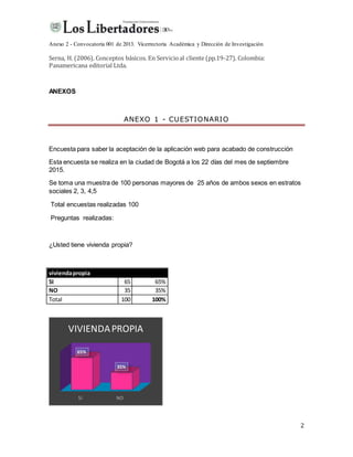 Anexo 2 - Convocatoria 001 de 2013. Vicerrectoría Académica y Dirección de Investigación
2
Serna, H. (2006). Conceptos básicos. En Servicioal cliente (pp.19-27). Colombia:
Panamericana editorial Ltda.
ANEXOS
ANEXO 1 - CUESTIONARIO
Encuesta para saber la aceptación de la aplicación web para acabado de construcción
Esta encuesta se realiza en la ciudad de Bogotá a los 22 días del mes de septiembre
2015.
Se toma una muestra de 100 personas mayores de 25 años de ambos sexos en estratos
sociales 2, 3, 4,5
Total encuestas realizadas 100
Preguntas realizadas:
¿Usted tiene vivienda propia?
viviendapropia
SI 65 65%
NO 35 35%
Total 100 100%
SI NO
65%
35%
VIVIENDAPROPIA
 