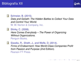14 / 17
ǲí XII
Schneier, B. (2015).
Data and Goliath: The Hidden Battles to Collect Your Data
and Control Your World.
W. W. Norton & Company, Inc.
Shirky, C. (2008).
Here Comes Everybody – The Power of Organizing
Without Organizations.
Penguin Books.
Sisodia, R., Sheth, J., and Wolfe, D. (2014).
Firms of Endearment: How World-Class Companies Profit
from Passion and Purpose (2nd Edition).
Pearson FT Press.
 