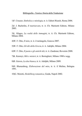 Bibliografia - Teoria e Storia della Traduzione


1)F. Creuzer, Simbolica e mitologia, tr. it. Editori Riuniti, Roma 2004.

2)J. J. Bachofen, Il matriarcato, tr. it. Ch. Marinotti Editore, Milano
2003.

3)L. Klages, La realtà delle immagini, tr. it. Ch. Marinotti Editore,
Milano 2004.

4)W. F. Otto, Il mito, tr. it. il melangolo, Genova 2007.

5)W. F. Otto, Gli dèi della Grecia, tr. it. Adelphi, Milano 2004.

6)W. F. Otto, Il poeta e gli antichi dèi, tr. it. Zandonai, Rovereto 2008.

7)K. Kerenyi, Miti e misteri, tr. it. Boringhieri, Milano 1980 e segg.

8)R. Graves, La dea bianca, tr. it. Adelphi, Milano 2009.

9)H. Blumenberg, Elaborazione del mito, tr. it. il Mulino, Bologna
1991.

10)G. Moretti, Heidelberg romantica, Guida, Napoli 2002.
 