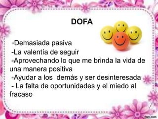DOFA 
-Demasiada pasiva 
-La valentía de seguir 
-Aprovechando lo que me brinda la vida de 
una manera positiva 
-Ayudar a los demás y ser desinteresada 
- La falta de oportunidades y el miedo al 
fracaso 
 
