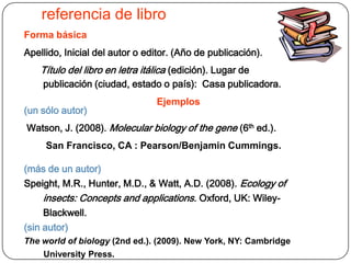 referencia de libro
Forma básica
Apellido, Inicial del autor o editor. (Año de publicación).
    Título del libro en letra itálica (edición). Lugar de
    publicación (ciudad, estado o país): Casa publicadora.
                                 Ejemplos
(un sólo autor)
Watson, J. (2008). Molecular biology of the gene (6th ed.).
     San Francisco, CA : Pearson/Benjamin Cummings.

(más de un autor)
Speight, M.R., Hunter, M.D., & Watt, A.D. (2008). Ecology of
     insects: Concepts and applications. Oxford, UK: Wiley-
     Blackwell.
(sin autor)
The world of biology (2nd ed.). (2009). New York, NY: Cambridge
    University Press.
 