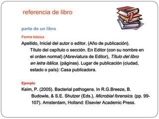referencia de libro

parte de un libro
Forma básica
Apellido, Inicial del autor o editor. (Año de publicación).
    Título del capítulo o sección. En Editor (con su nombre en
    el orden normal) (Abreviatura de Editor), Título del libro
    en letra itálica. (páginas). Lugar de publicación (ciudad,
    estado o país): Casa publicadora.

Ejemplo
Keim, P. (2005). Bacterial pathogens. In R.G.Breeze, B.
    Budowle, & S.E. Shutzer (Eds.), Microbial forensics. (pp. 99-
    107). Amsterdam, Holland: Elsevier Academic Press.
 