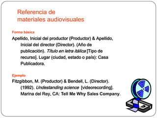 Referencia de
  materiales audiovisuales
Forma básica
Apellido, Inicial del productor (Productor) & Apellido,
    Inicial del director (Director). (Año de
    publicación). Título en letra itálica [Tipo de
    recurso]. Lugar (ciudad, estado o país): Casa
    Publicadora.

Ejemplo
Fitzgibbon, M. (Productor) & Bendell, L. (Director).
     (1992). Undestanding science [videorecording].
     Marina del Rey, CA: Tell Me Why Sales Company.
 