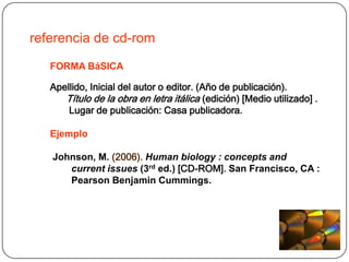 referencia de cd-rom
   FORMA BáSICA

   Apellido, Inicial del autor o editor. (Año de publicación).
      Título de la obra en letra itálica (edición) [Medio utilizado] .
       Lugar de publicación: Casa publicadora.

   Ejemplo

   Johnson, M. (2006). Human biology : concepts and
      current issues (3rd ed.) [CD-ROM]. San Francisco, CA :
      Pearson Benjamin Cummings.
 