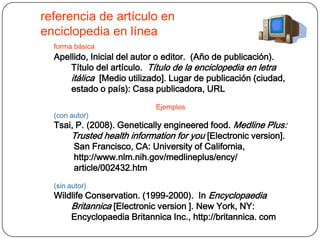 referencia de artículo en
enciclopedia en línea
  forma básica
  Apellido, Inicial del autor o editor. (Año de publicación).
      Título del artículo. Título de la enciclopedia en letra
      itálica [Medio utilizado]. Lugar de publicación (ciudad,
      estado o país): Casa publicadora, URL
                            Ejemplos
  (con autor)
  Tsai, P. (2008). Genetically engineered food. Medline Plus:
      Trusted health information for you [Electronic version].
       San Francisco, CA: University of California,
       http://www.nlm.nih.gov/medlineplus/ency/
       article/002432.htm
  (sin autor)
  Wildlife Conservation. (1999-2000). In Encyclopaedia
      Britannica [Electronic version ]. New York, NY:
      Encyclopaedia Britannica Inc., http://britannica. com
 