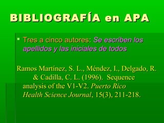 BIBLIOGRAF Í A en APA

  Tres a cinco autores: Se escriben los
   apellidos y las iniciales de todos

 Ramos Martínez, S....
