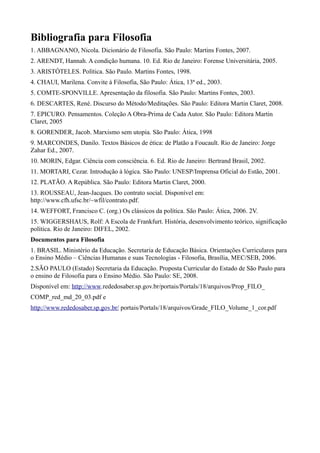 Bibliografia para Filosofia
1. ABBAGNANO, Nicola. Dicionário de Filosofia. São Paulo: Martins Fontes, 2007.
2. ARENDT, Hannah. A condição humana. 10. Ed. Rio de Janeiro: Forense Universitária, 2005.
3. ARISTÓTELES. Política. São Paulo. Martins Fontes, 1998.
4. CHAUI, Marilena. Convite à Filosofia, São Paulo: Ática, 13ª ed., 2003.
5. COMTE-SPONVILLE. Apresentação da filosofia. São Paulo: Martins Fontes, 2003.
6. DESCARTES, René. Discurso do Método/Meditações. São Paulo: Editora Martin Claret, 2008.
7. EPICURO. Pensamentos. Coleção A Obra-Prima de Cada Autor. São Paulo: Editora Martin
Claret, 2005
8. GORENDER, Jacob. Marxismo sem utopia. São Paulo: Ática, 1998
9. MARCONDES, Danilo. Textos Básicos de ética: de Platão a Foucault. Rio de Janeiro: Jorge
Zahar Ed., 2007.
10. MORIN, Edgar. Ciência com consciência. 6. Ed. Rio de Janeiro: Bertrand Brasil, 2002.
11. MORTARI, Cezar. Introdução à lógica. São Paulo: UNESP/Imprensa Oficial do Estão, 2001.
12. PLATÃO. A República. São Paulo: Editora Martin Claret, 2000.
13. ROUSSEAU, Jean-Jacques. Do contrato social. Disponível em:
http://www.cfh.ufsc.br/~wfil/contrato.pdf.
14. WEFFORT, Francisco C. (org.) Os clássicos da política. São Paulo: Ática, 2006. 2V.
15. WIGGERSHAUS, Rolf: A Escola de Frankfurt. História, desenvolvimento teórico, significação
política. Rio de Janeiro: DIFEL, 2002.
Documentos para Filosofia
1. BRASIL. Ministério da Educação. Secretaria de Educação Básica. Orientações Curriculares para
o Ensino Médio – Ciências Humanas e suas Tecnologias - Filosofia, Brasília, MEC/SEB, 2006.
2.SÃO PAULO (Estado) Secretaria da Educação. Proposta Curricular do Estado de São Paulo para
o ensino de Filosofia para o Ensino Médio. São Paulo: SE, 2008.
Disponível em: http://www.rededosaber.sp.gov.br/portais/Portals/18/arquivos/Prop_FILO_
COMP_red_md_20_03.pdf e
http://www.rededosaber.sp.gov.br/ portais/Portals/18/arquivos/Grade_FILO_Volume_1_cor.pdf
 